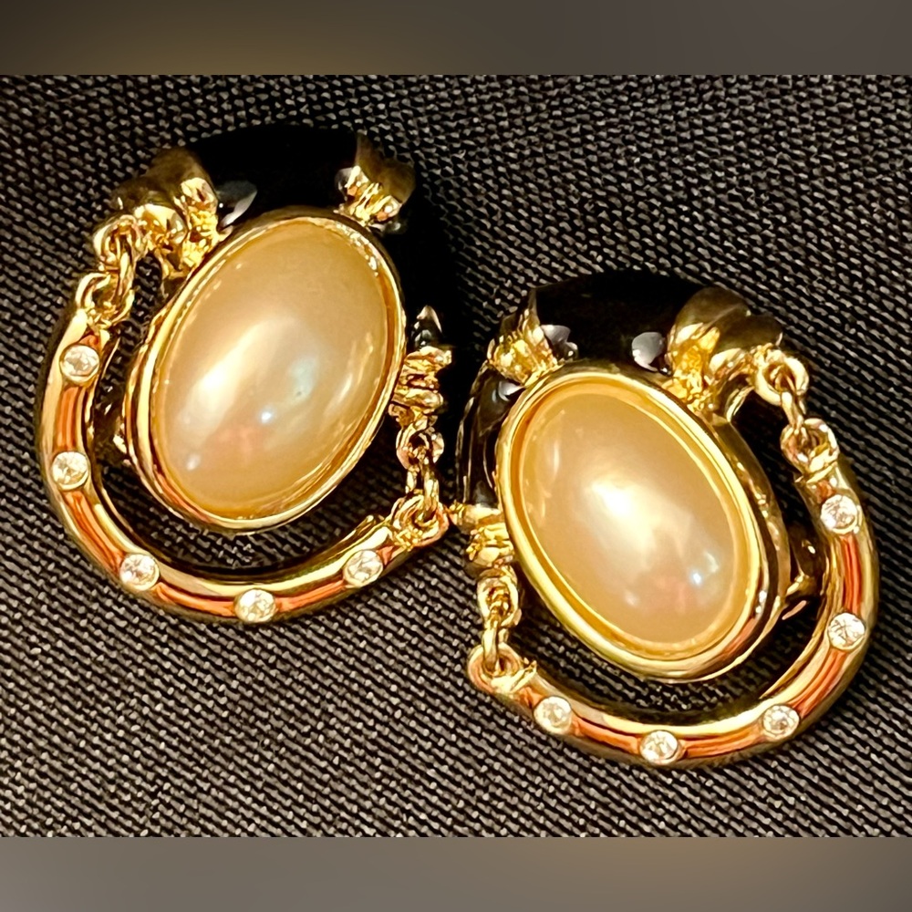 VTG André Courrèges Paris 80s Gold Black Pearl Door Knocker Clip On Earrings - Picture 10 of 17